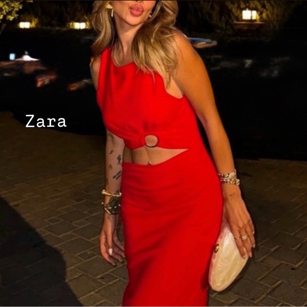 Zara Red Cut Out Midi Dress Medium Ring Detail Sleeveless Wedding Guest Cocktail - Picture 3 of 8